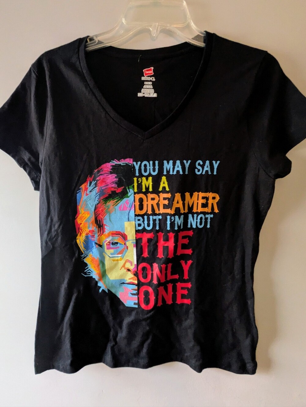 NWOT Hanes Black Women's V-neck John Lennon's Imagine Graphic Tee Shirt Sz.M
